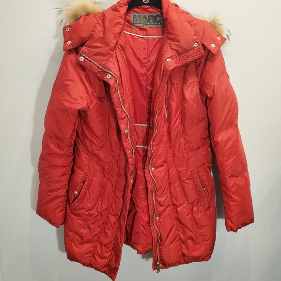 Marc New York Red Down Feather Puffer Coat Fur Lined Hood Size M - Picture 3 of 6